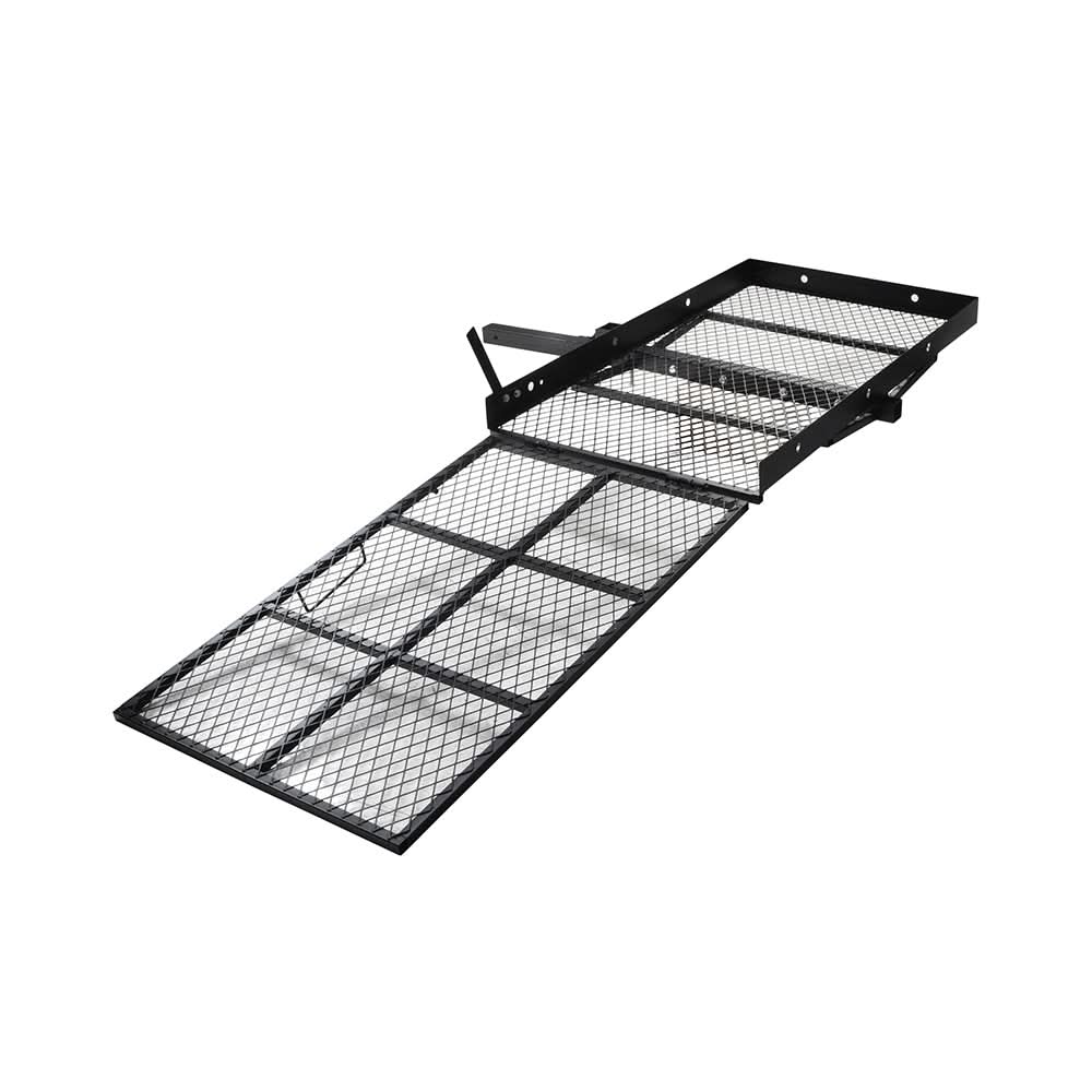 500 lb. Capacity Steel Scooter & Power Chair Carrier & Ramp (Blemished) featuring a metal gate with wire mesh and a foldable metal ramp for easy loading and transport.