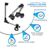 Close-up of the Universal Grip Umbrella Holder for Bikes & Kick Scooters, showing the flexible arm and height-adjustable clamp attachment designed for handlebars.