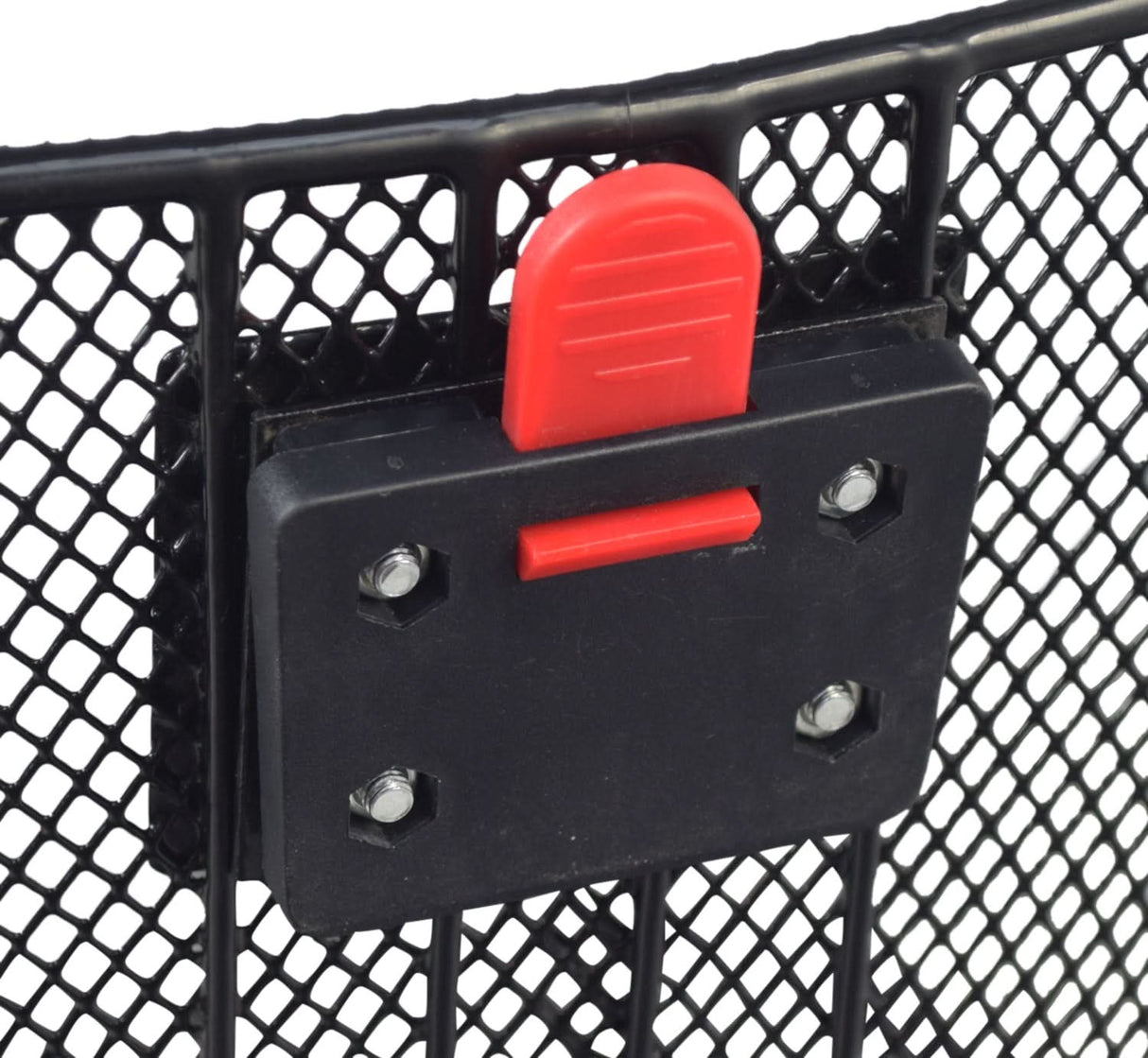 Premium Universal Wire Basket for Bicycles & Scooters (Missing Hardware), featuring a sturdy steel mesh design, red handle, and quick-release mounting clamp. Ideal for easy attachment and removal on bikes and scooters.
