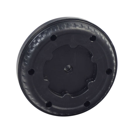 Rear Wheel for the Kidzone Ride-On Toy Bumper DIY Race Car, a black round plastic disc with multiple holes and a 3/8 diameter bore for the axle.
