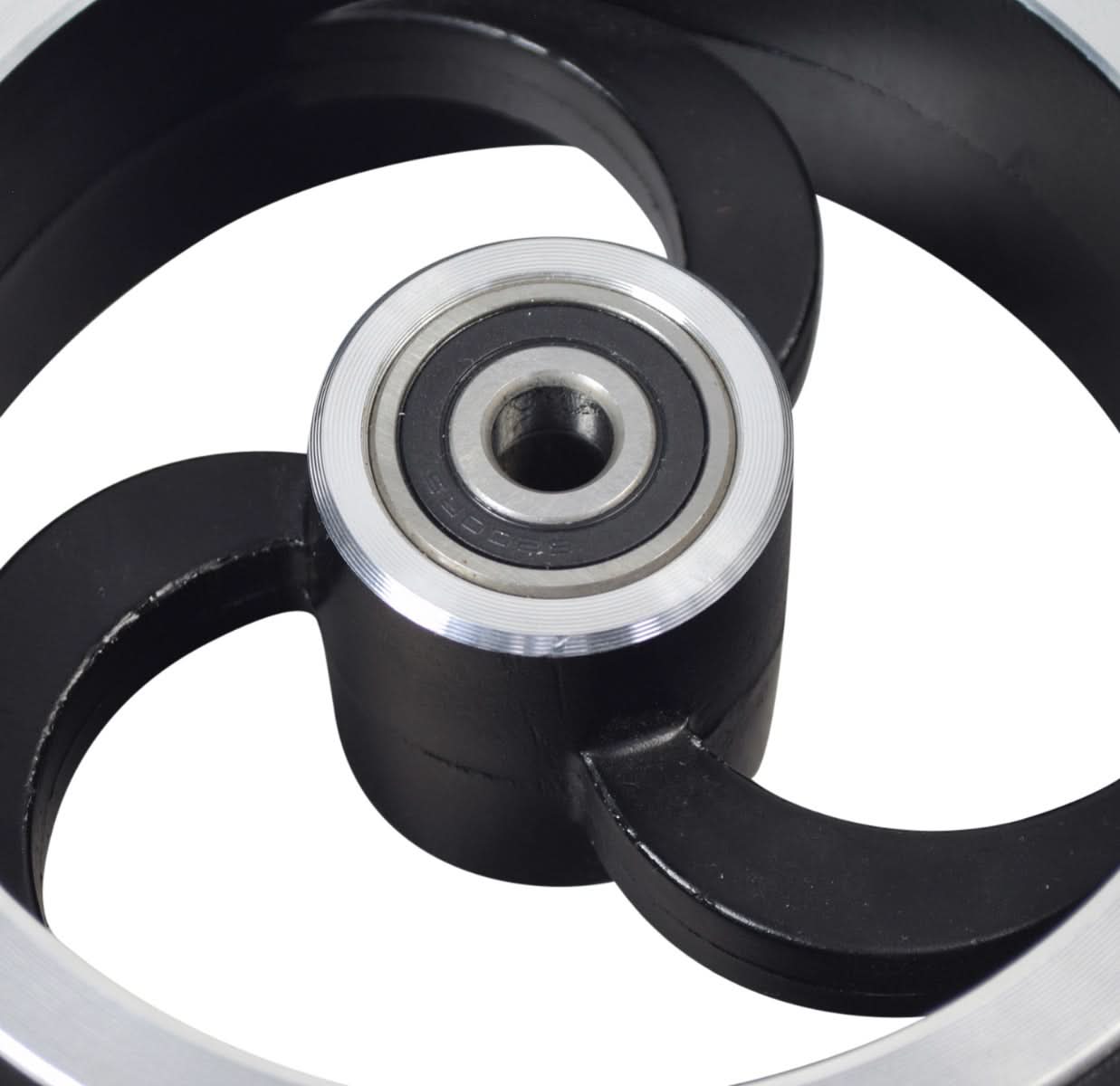 Rear Wheel Assembly for the Hover-1 Rally Electric Scooter featuring a solid urethane tire and 3-spoke rim integrated as a single piece, with pre-installed 6200RS bearings visible.