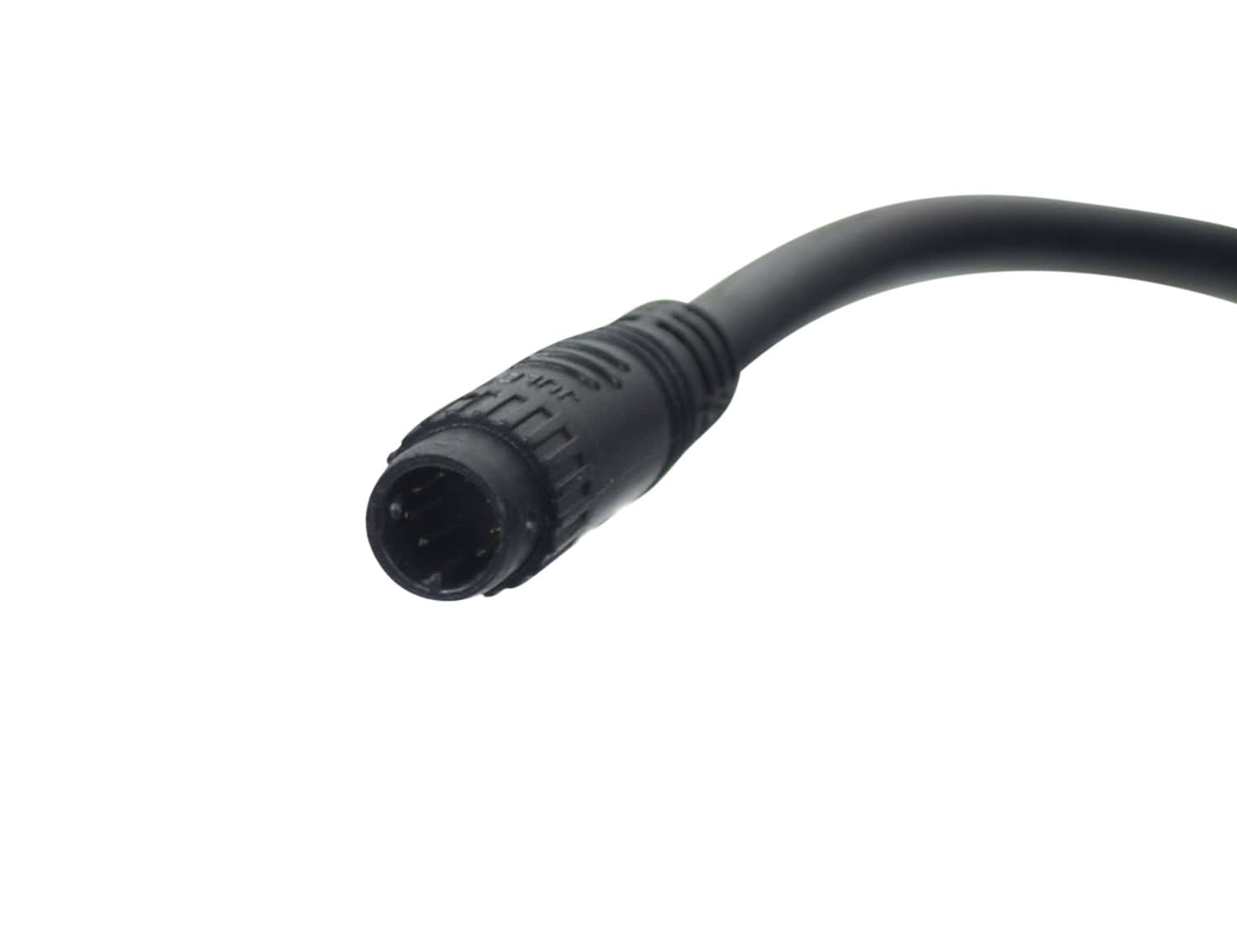 Close-up of the Wiring Harness for the ANCHEER 26 350W Electric Mountain Bike, featuring a black cable with a rubber plug and four color-coded connectors for brakes, speedometer, and throttle.