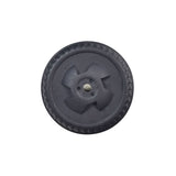 Plastic Rear Wheel for the Flybar Cocomelon / Disney's Minnie Mouse / Gabby's Dollhouse / Marvel's Spidey and His Amazing Friends 6 Volt Electric Bumper Car, featuring a black circular design with a metal center.