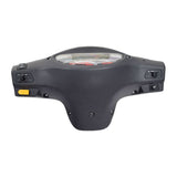 Dashboard Console Back Assembly for eWheels EW-36 & EW-36 Elite Scooters featuring a black steering wheel with a glass panel, circular dial, and control buttons for speedometer, battery gauge, horn, headlight, and turn indicators.