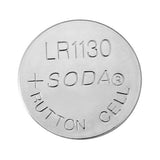 Close-up of LR1130 (AG10/389A) alkaline button cell batteries for Firefly Bicycle Lights (Pack of 10), highlighting the circular shape and engraved text.
