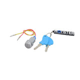 Universal Mobility Scooter Key & Cylinder Assembly, showing a close-up of the keyring and key cylinder, with two butt splice connectors for easy splicing into existing wiring harnesses.