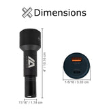 XLR Charging Adapter with Dual Ports USB-A & USB-C for Scooters & Power Chairs, featuring a black cylindrical design with two USB ports and white text detailing on the device.