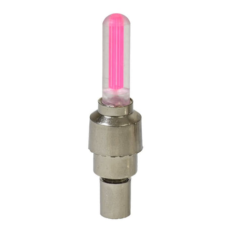 Firefly Valve Stem Light for Bikes & Scooters - Close-up of a motion-activated LED light replacing a Schrader valve cap, illuminating brilliantly within a transparent tower.