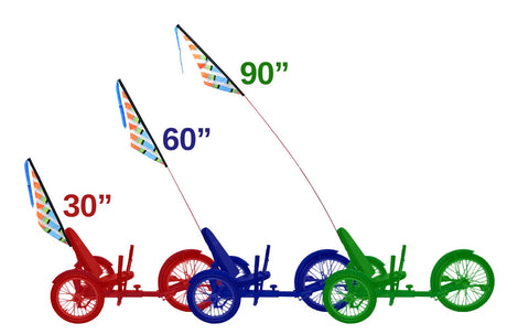 Multicolor Sail Flag for Recumbent Bikes displayed on a tricycle, featuring a vibrant kite-like design. The flag is mounted on an adjustable flagpole, enhancing visibility and style.