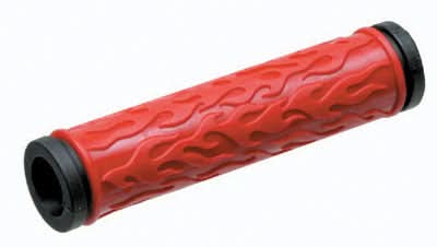 Flame Grips: Red handlebar grips featuring flame designs, suitable for bikes and scooters. Close-up highlights include the red handle, cylinder shape, and detailed flame patterns, adding both style and functionality.
