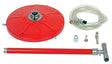 Flat Attack Tire Sealant - 5 Gallon Pump, featuring a red round container with an attached tube and hose, designed to prevent tire issues, is environmentally friendly and easy to use.