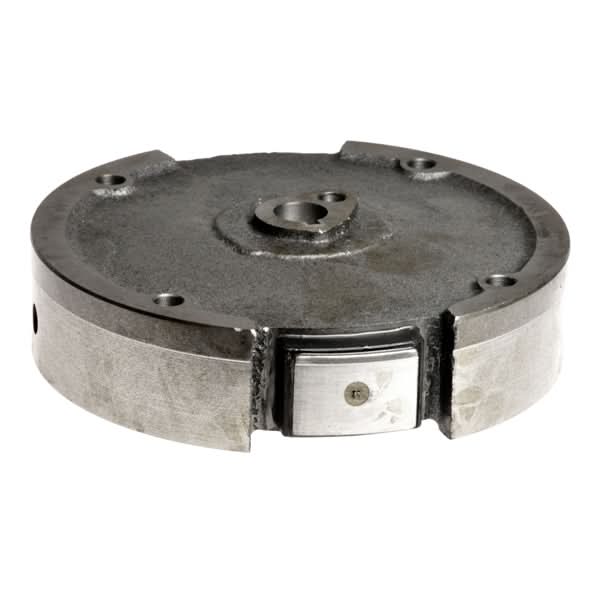 Flywheel for the Baja MB165 Mini Bike (VIN Prefix LUAH), shown as a round metal object with a central hole, highlighting its close-up metallic finish.