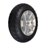 10.75x3.6 Foam Filled Rear Wheel Assembly with Black Tire for the Pride Celebrity X & Mega Motion Endeavor X, featuring a black tire and silver rim, ideal for mobility scooters.