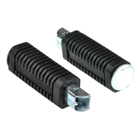 3-3/8 Foot Peg Set for Dirt Bikes & Mini Bikes featuring black plastic foot rests with a rubber grip, close-up of the square metal end, and through hole for secure attachment.
