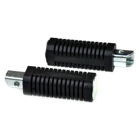 Foot Pegs for the Minimoto Maxii Pocket Bike & XRF500 Dirt Bike (Set of 2) featuring black metal construction with multiple rows of small holes and close-up views of the foot rest and rollers.