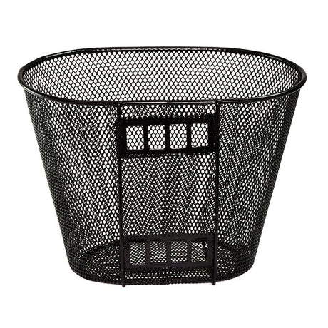 Front Basket Assembly for Go-Go Ultra and Pride Sonic mobility scooters, showcasing a black mesh basket with a 12 x 8.50 oval shape and a black powder coat bracket.