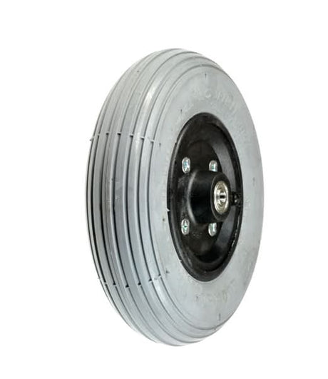 200x50 (8x2) Foam Filled Flat-Free Front Wheel Caster Assembly for the Pacesaver Scout M1 Power Chair, featuring a black rim and black rubber tire, designed for reliable performance.