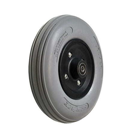 Close-up of an 8x2 (200x50) front caster wheel for the Drive Deluxe Sentra Heavy Duty Extra Extra Wide Bariatric Wheelchair, featuring a black rubber tire and designed for sturdy mobility.