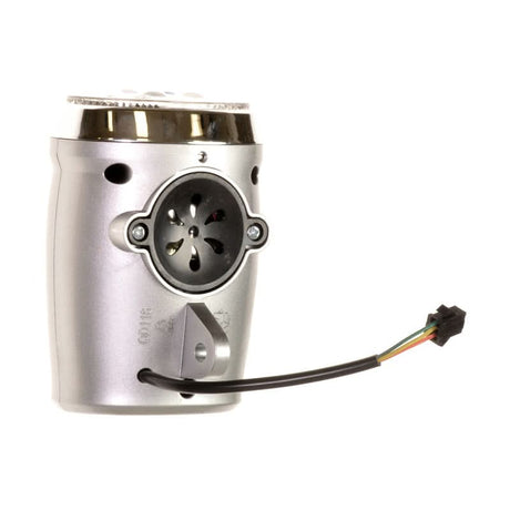 Front LED Light & Horn for Electric Bike Kits: Close-up of a silver electric motor with attached black wire, showcasing the detailed craftsmanship and essential components for enhanced safety and style.