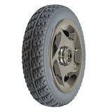 8x2 Gray Front Wheel Assembly for the Golden Buzzaround (GB101) showing a close-up of the tire mounted on a silver plastic rim with bearings installed.