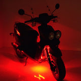 Multi-Color LED Light Kit for Street Scooters, featuring red-lit strips and a close-up of a tire, highlighting the customizable, weather-resistant lighting for a unique scooter appearance.