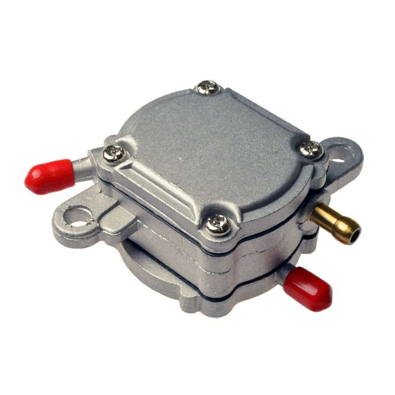 Fuel Pump for 50cc-150cc QMB139/GY6 Gas Go-Karts, featuring a silver metal body with red handles, shown with fuel filter and hose for external mounting.