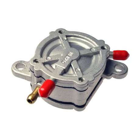 Fuel Pump for 50cc, 125cc, & 150cc QMB139 / GY6 Go-Karts & Scooters, featuring red handles, metal construction, and three hose connectors (two brass, one aluminum).