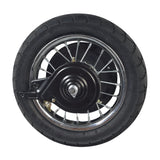 Rear Wheel Assembly with Wire Spoke Rim for the Razor Pocket Mod (Versions 13-30) (Blemished), featuring a close-up of the chrome spoke rim, tire, and hubcap components.
