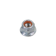 Close-up of an M8-1.25 Zinc-Plated Grade 8 Steel Flange Lock Nut, showcasing its intricate threading and solid build, designed for use on scooter wheels, forks, and axles.
