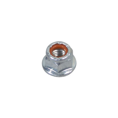 Close-up of an M8-1.25 Zinc-Plated Grade 8 Steel Flange Lock Nut, showcasing its intricate threading and solid build, designed for use on scooter wheels, forks, and axles.