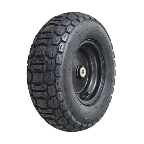 Rear Left Wheel Assembly for the Pulse ATV Quad Ride-On, featuring a knobby tread tire on a steel rim with bearings, a lock collar, and an inner tube with an angled valve stem.
