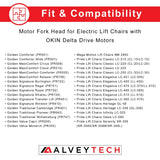 Motor Fork Head (GMOKI-13) for Lift Chairs with OKIN Delta Drive Motors, shown threaded onto a pipe tube motor shaft, designed to break safely under stress to prevent motor damage.