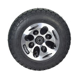 13x4 Pneumatic Front Wheel Assembly for the Golden Patriot (GR575) showing a black low-profile tire with a silver rim, designed for full-size mobility scooters.