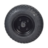 13x4 Pneumatic Front Wheel Assembly for the Golden Patriot (GR575) with a silver rim and a black low-profile tire, featuring a close-up of the tread and metal hub.
