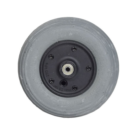 200x50 Front Wheel Assembly for Merits Pioneer 1 (S235) and Pioneer 5 (S53431) Mobility Scooters, featuring a close-up of a black-rimmed wheel with a gray ribbed tire and included bearings.