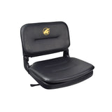 17W x 16D Seat Assembly for the Golden LiteRider (GL141) & LiteRider Mini (GL109), showcasing a black vinyl cushion with a yellow logo featuring a circle and curved sailboat, without armrests or headrest.