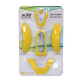 Yellow Body Kit for the Golden Buzzaround XL packaged, showcasing five quick-snap shroud panels and console cover with visible text and bird logo on a transparent bag.