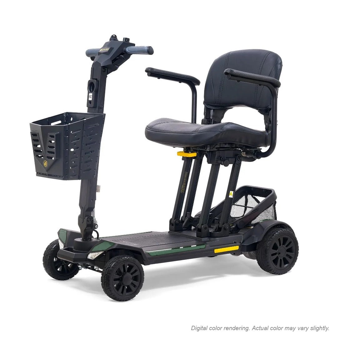 Golden Buzzaround CarryOn GB120B scooter shown with the Army Green shroud kit (MBA-0036), digital color rendering