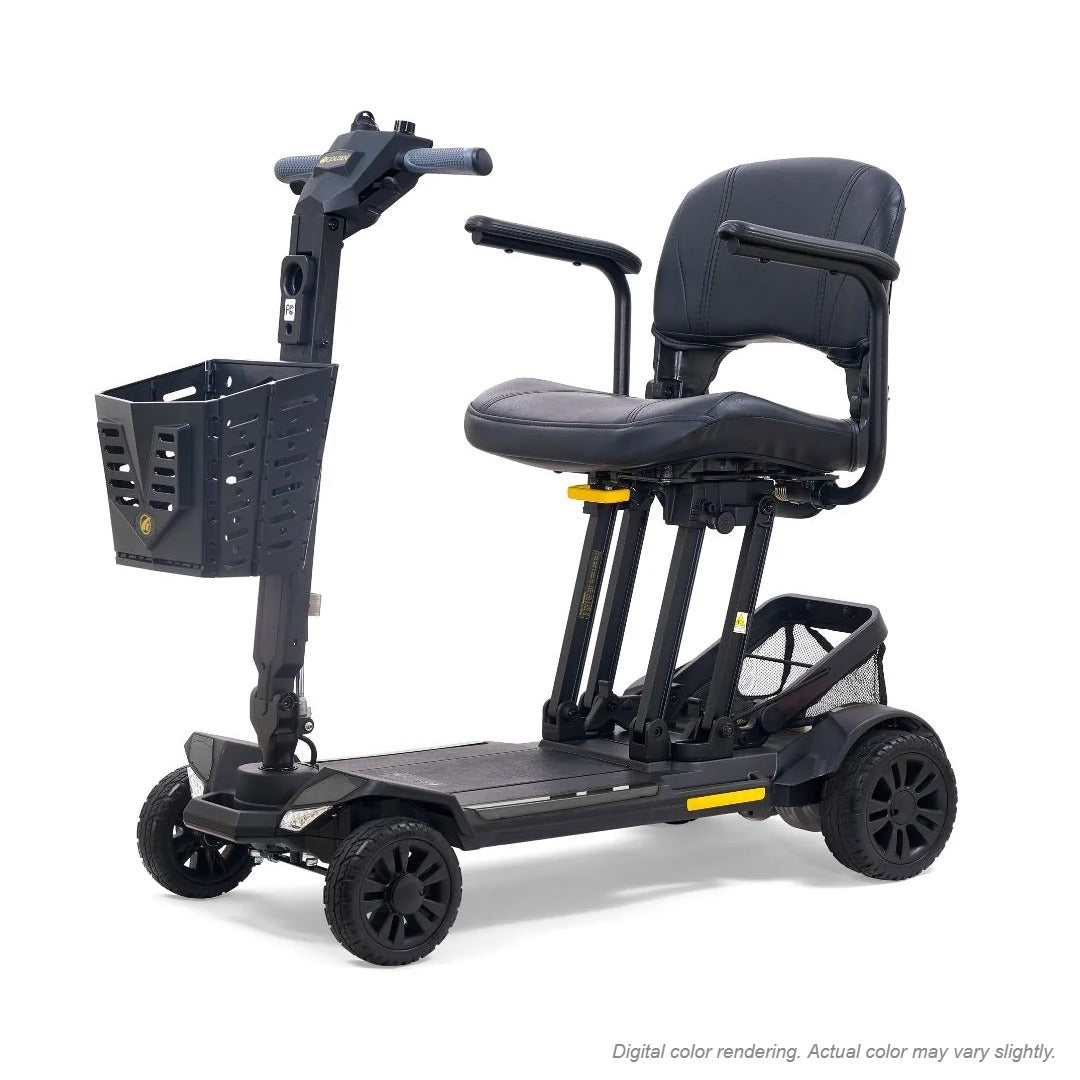 Golden Buzzaround CarryOn GB120B scooter shown with the Stone Grey shroud kit (MBA-0033), digital color rendering