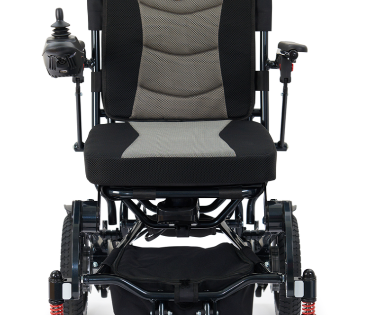 Golden Stride GP301 folding power chair, front view; uses the MBE-0002 24V 10Ah lithium battery pack