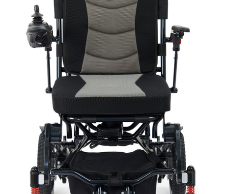 Golden Stride GP301 folding power chair, front view; uses the MBE-0002 24V 10Ah lithium battery pack