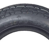 Close-up of the Vee Rubber 3.00-8 black front tire for the Heartway Royale 4D (PF7D) Scooter, showcasing the V1134 tread pattern designed for all-weather mobility.