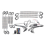 Multi-Color LED Light Kit for Pride Mobility Scooters, featuring multiple LED strips, wiring, a power supply, and a remote control for customizable lighting effects.