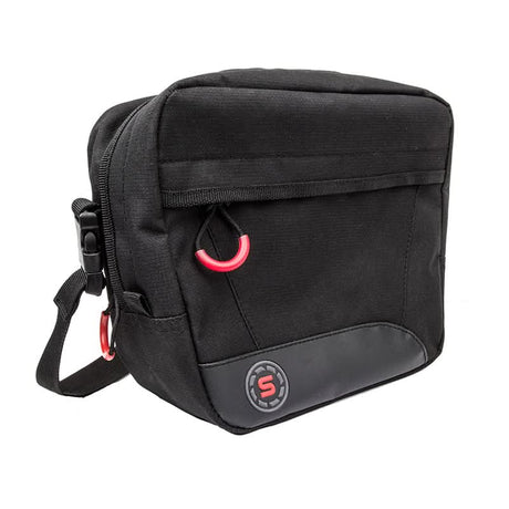 Handlebar Mount Bag by Sunlite, featuring a compact black design with a prominent red hook, ideal for attaching to bikes or scooters for convenient storage.