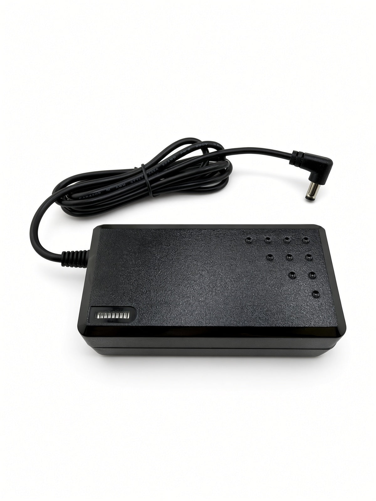 Top view of Hiboy DK1 battery charger with right-angle coaxial DC barrel plug cable