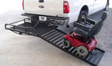 Folding Mighty Lite Aluminum Scooter and Power Chair Carrier (Blemished) shown on a vehicle hitch with a folded ramp, highlighting its compact design and non-slip loading platform for easy scooter transport.