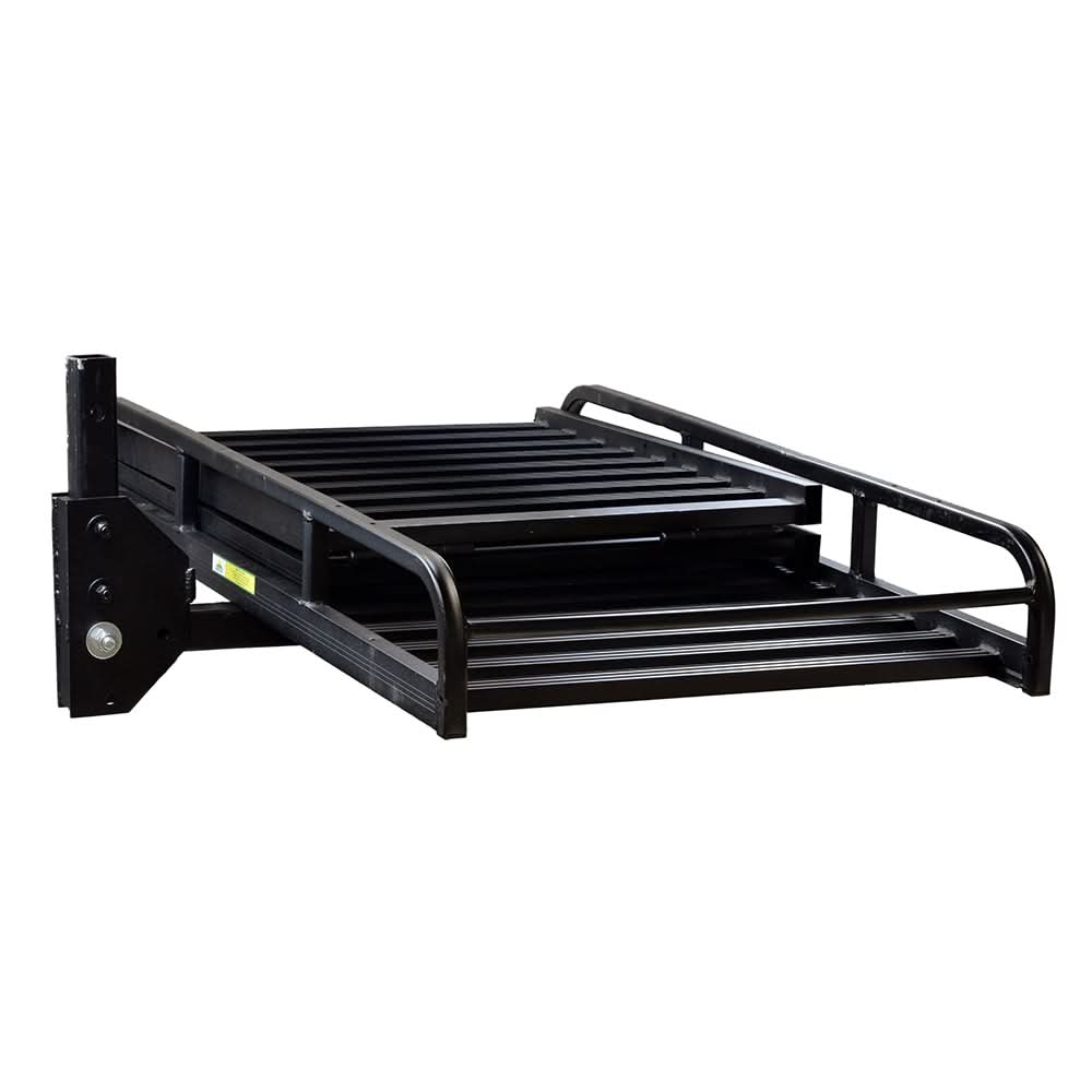 Folding Mighty Lite Aluminum Scooter and Power Chair Carrier (Blemished) with black metal frame, metal bars, and yellow label; features a folding ramp and tie-down eyelets for secure transport.