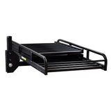 Folding Mighty Lite Aluminum Scooter and Power Chair Carrier (Blemished) with black metal frame, metal bars, and yellow label; features a folding ramp and tie-down eyelets for secure transport.