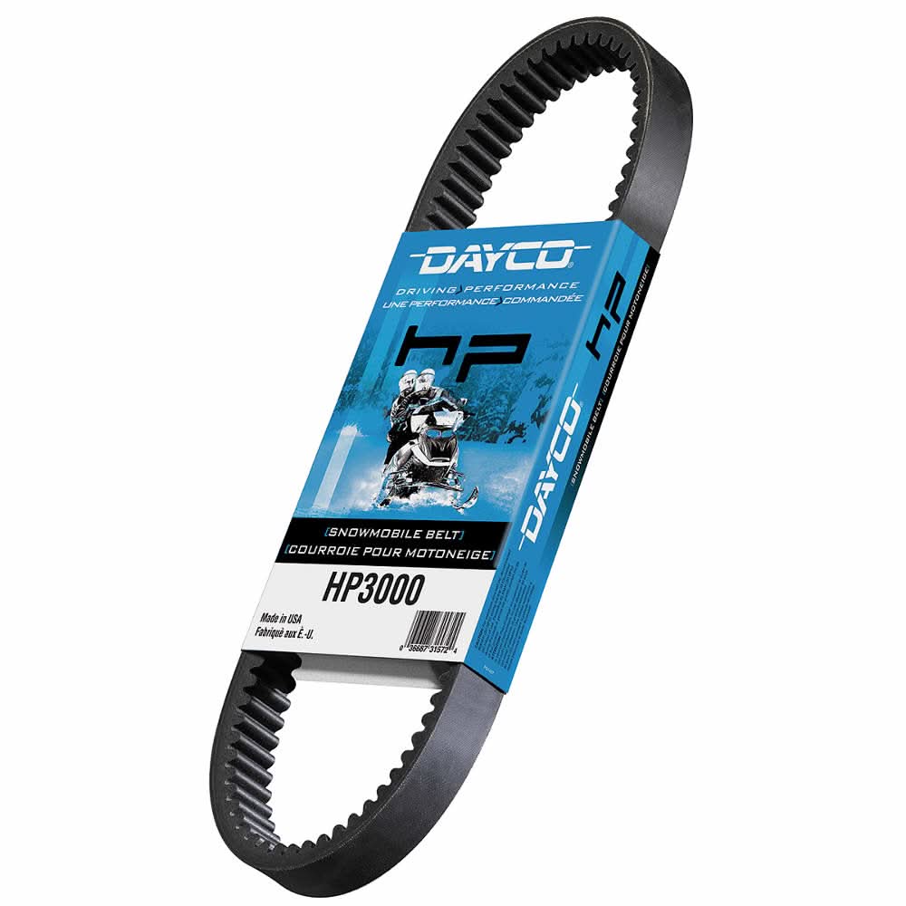 HP3024 HP Drive Belt for Snowmobiles by Dayco, featuring a black belt with a blue label, designed with a double cog and reinforced for enhanced strength and durability.