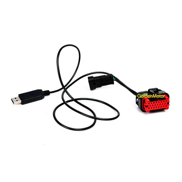 HPC Controller Programming Kit featuring a black cable, a black and red box with a handle, and a black rectangular object with a brown cover, designed for Golden Motor Technology's high power brushless DC motors.